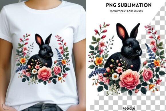 Download Black Rabbit with Flowers Png Design - Rabbit Collection