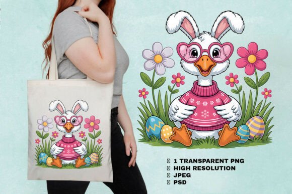 Download Cute Easter Duck Bunny with Flowers PNG - Png Collection