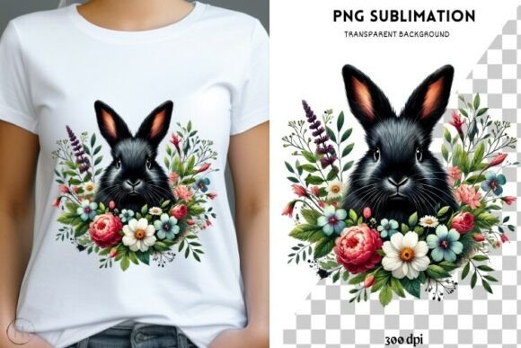 Download Black Rabbit with Flowers Png Design - Rabbit Collection